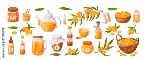 Sea buckthorn berries products 2D cartoon objects set. Healthy food and cosmetics ingredients flat line vector icons on white background