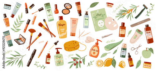 Organic cosmetic products with natural elements 2D cartoon objects set. Makeup supplies and skincare treatment flat line vector objects on white background