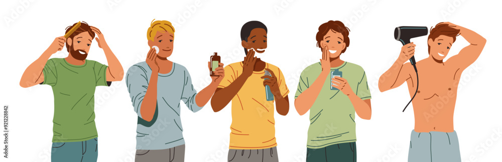 Happy young men doing cosmetic and hygienic procedures flat color vector icon set. Masculinity and selfcare illustration pack on white background Happy young men doing cosmetic and hygienic procedures flat color vector icon set. Masculinity and selfcare illustration pack on white background