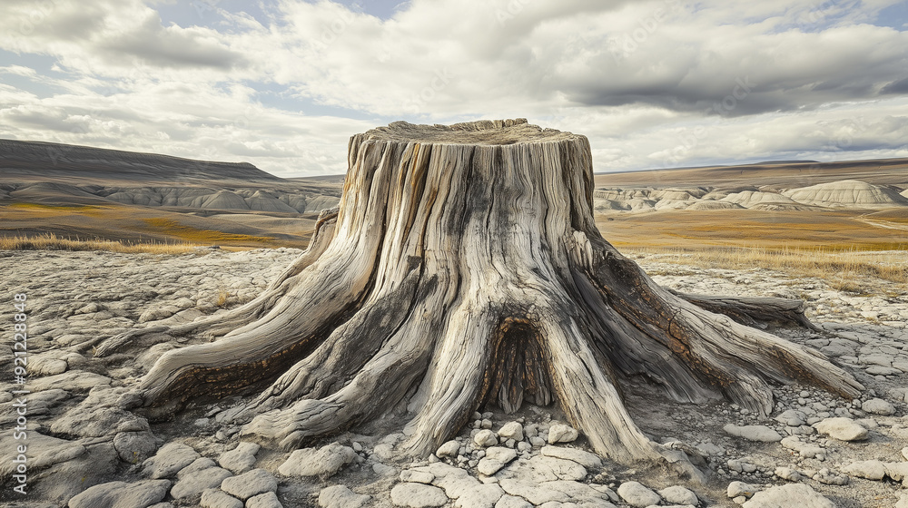 In a rocky, uninhabited landscape, a huge tree stump dominates the space. In a rocky, uninhabited landscape, a huge tree stump dominates the space.