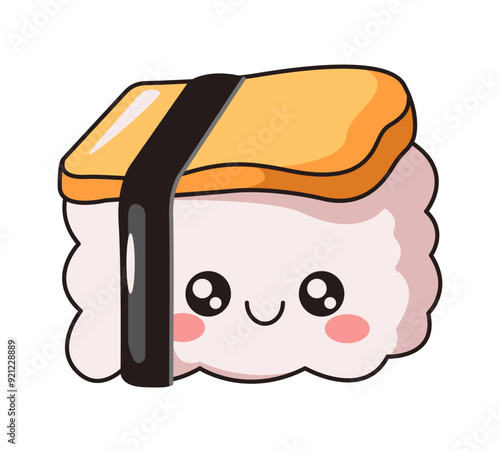 Cute Kawaii sashimi with rise, nori and tofu flat color vector illustration. Happy face of traditional Asian snack character on white background