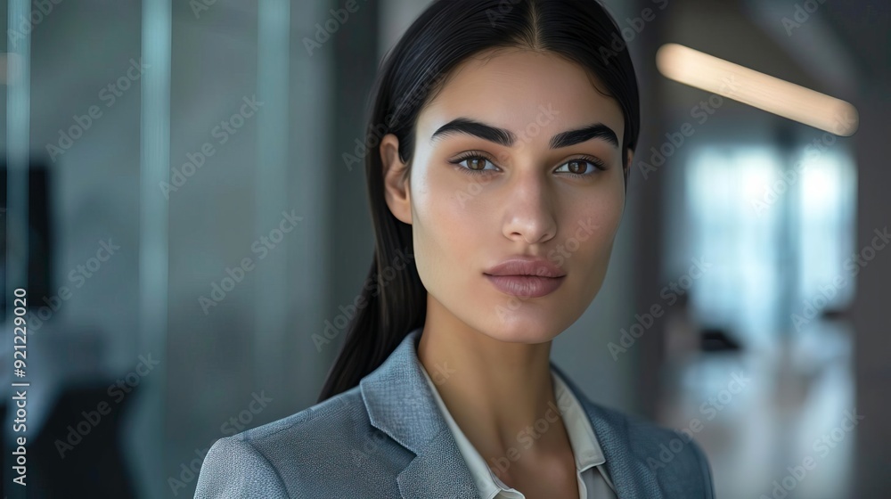 Obraz premium A confident businesswoman in a modern office setting, showcasing professionalism and elegance with a striking appearance.