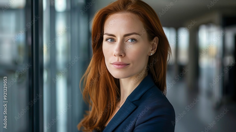 Fototapeta premium A confident businesswoman with red hair stands in a modern office, looking directly at the camera with a focused expression.