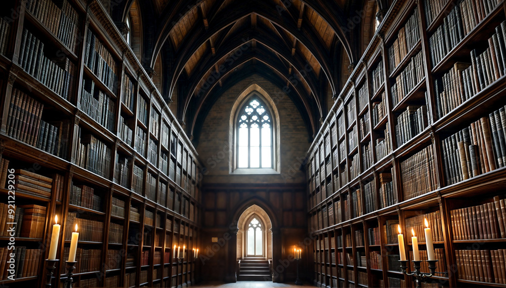 an old, wooden library with bookshelves on either side and a window at the end. The room has a cathedral-like ceiling and is filled with sunlight. There are several flickering candles an old, wooden library with bookshelves on either side and a window at the end. The room has a cathedral-like ceiling and is filled with sunlight. There are several flickering candles