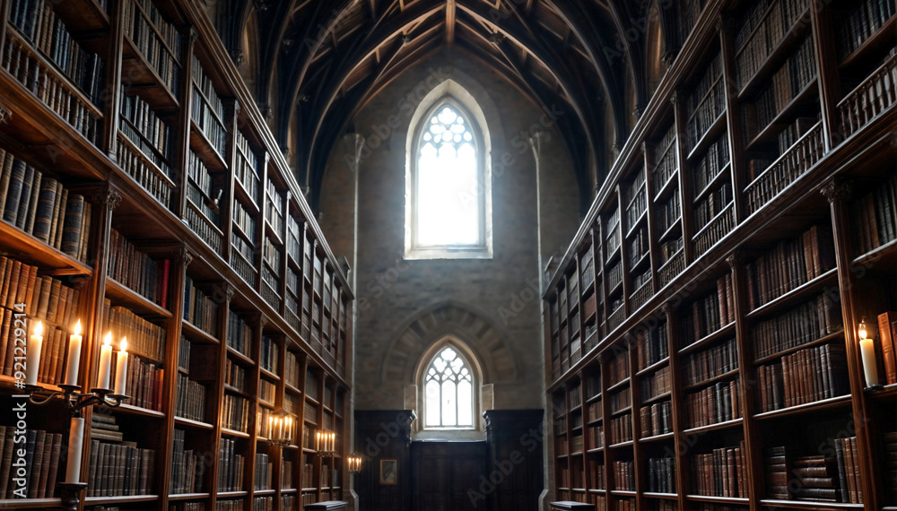 an old, wooden library with bookshelves on either side and a window at the end. The room has a cathedral-like ceiling and is filled with sunlight. There are several flickering candles an old, wooden library with bookshelves on either side and a window at the end. The room has a cathedral-like ceiling and is filled with sunlight. There are several flickering candles