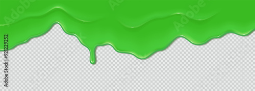 Green flowing toxic slime. Liquid wave of paint or sauce on transparent background. 3d realistic vector illustration. Halloween design. Flowing molten clot. Top horizontal border of the frame