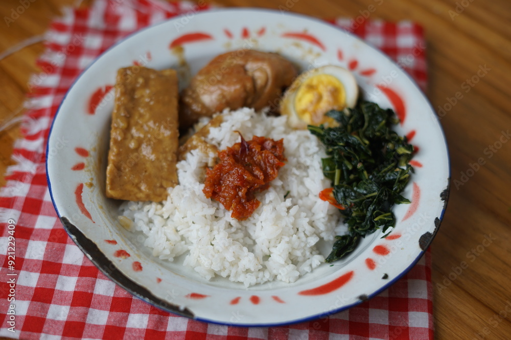 rice with egg, chicken and braised tempeh rice with egg, chicken and braised tempeh
