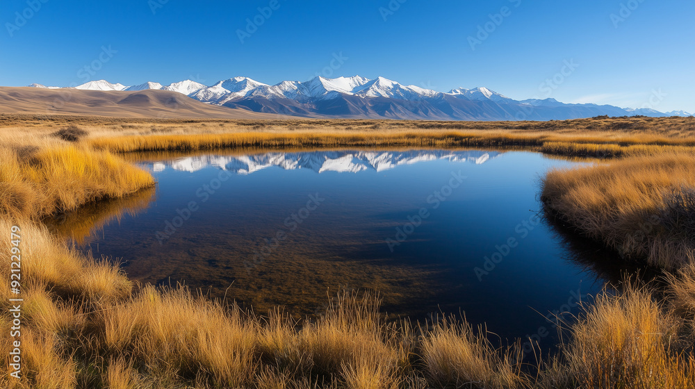In the heart of the dry grasslands lies a quiet and clear pond. In the distance, you can see snow-capped mountains, and a clear, blue sky stretches over the whole. In the heart of the dry grasslands lies a quiet and clear pond. In the distance, you can see snow-capped mountains, and a clear, blue sky stretches over the whole.