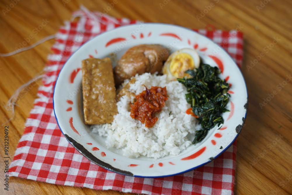 rice with egg, chicken and braised tempeh rice with egg, chicken and braised tempeh