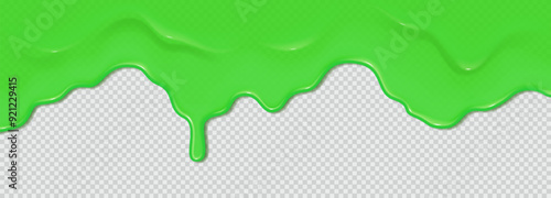 Green flowing toxic slime. Liquid wave of paint or sauce on transparent background. 3d realistic vector illustration. Halloween design. Flowing molten clot. Top horizontal border of the frame