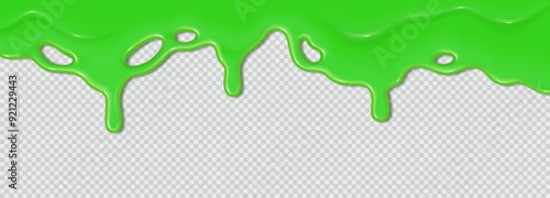 Green flowing toxic slime. Liquid wave of paint or sauce on transparent background. 3d realistic vector illustration. Halloween design. Flowing molten clot. Top horizontal border of the frame