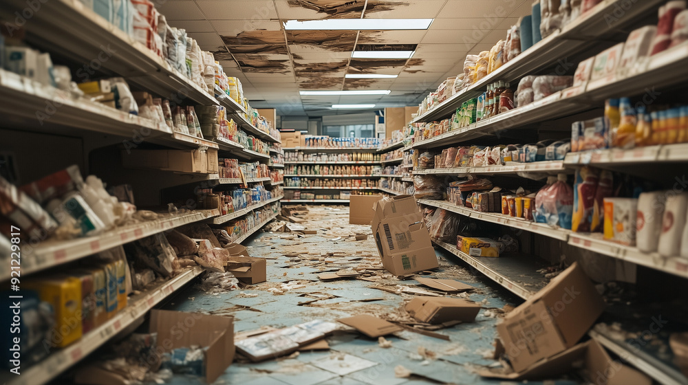 An old hallway in an abandoned store shows shelves filled with outdated and dusty products. Cardboard boxes lie strewn across the floor. An old hallway in an abandoned store shows shelves filled with outdated and dusty products. Cardboard boxes lie strewn across the floor.