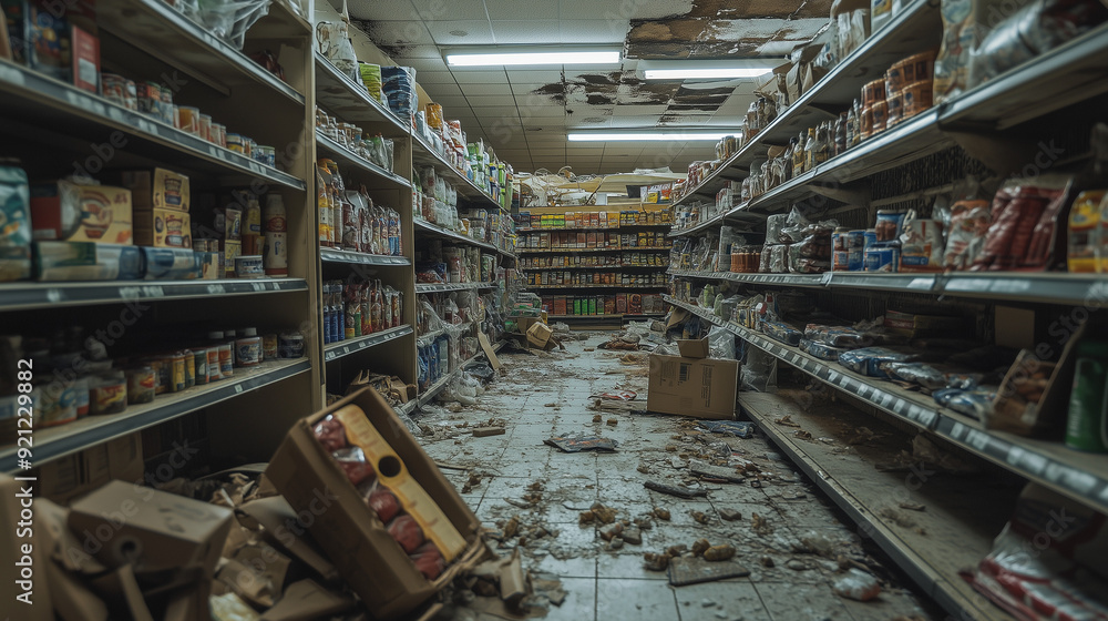 An old hallway in an abandoned store shows shelves filled with outdated and dusty products. Cardboard boxes lie strewn across the floor. An old hallway in an abandoned store shows shelves filled with outdated and dusty products. Cardboard boxes lie strewn across the floor.