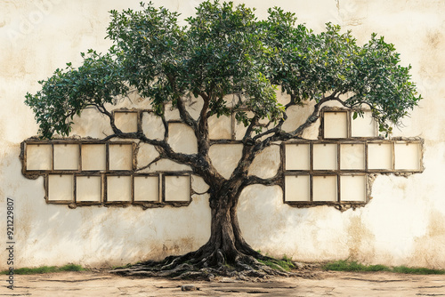A wide strong family tree template with empty cells for user input with soft background, Photo realistic style