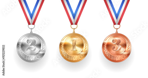 Olympic games winners medals on ribbons realistic vector illustration. Athletic tournament participants rewards 3d models on white background