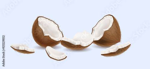 Cracked coconut with sweet pulp realistic vector illustration. Vegan dessert. Tasty exotic nut halves and pieces 3d object on light background