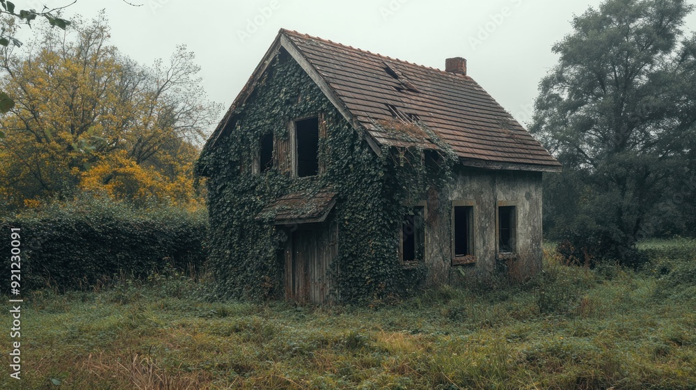 A house with ivy growing on it is in a field A house with ivy growing on it is in a field