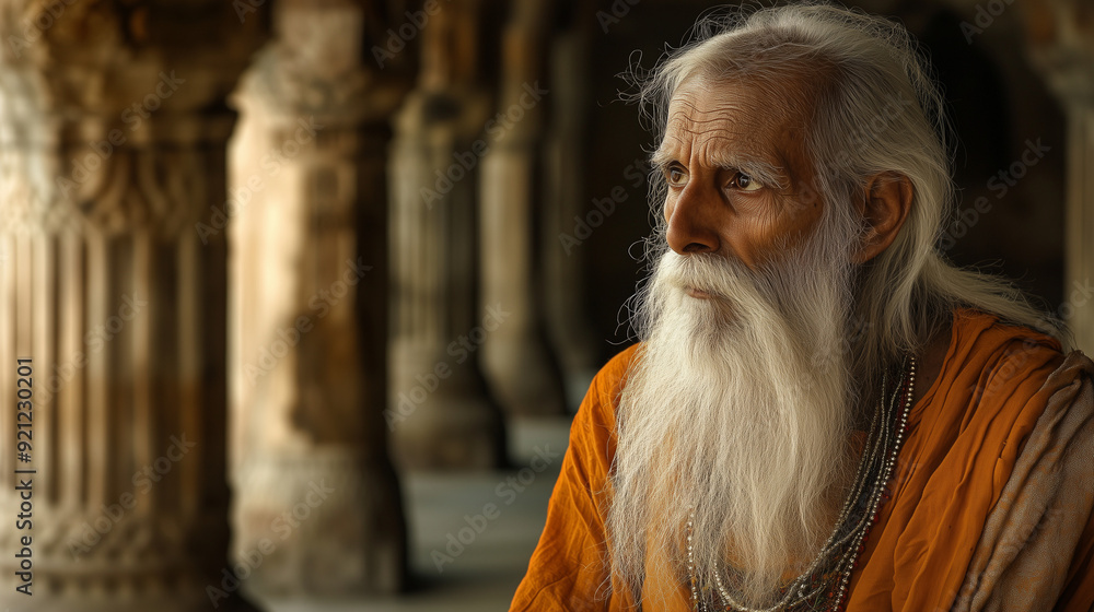 In the majestic colonnade stands an elderly man with a long, white beard and piercing eyes. His posture, full of reflection and deep contemplation. In the majestic colonnade stands an elderly man with a long, white beard and piercing eyes. His posture, full of reflection and deep contemplation.