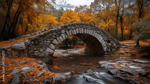 A charming, ancient stone bridge, surrounded by trees in full autumn colour, is located in a quiet nature park.