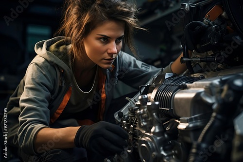 A focused woman repairing a motorcycle engine in a dimly lit workshop, showcasing skill and determination with tools.