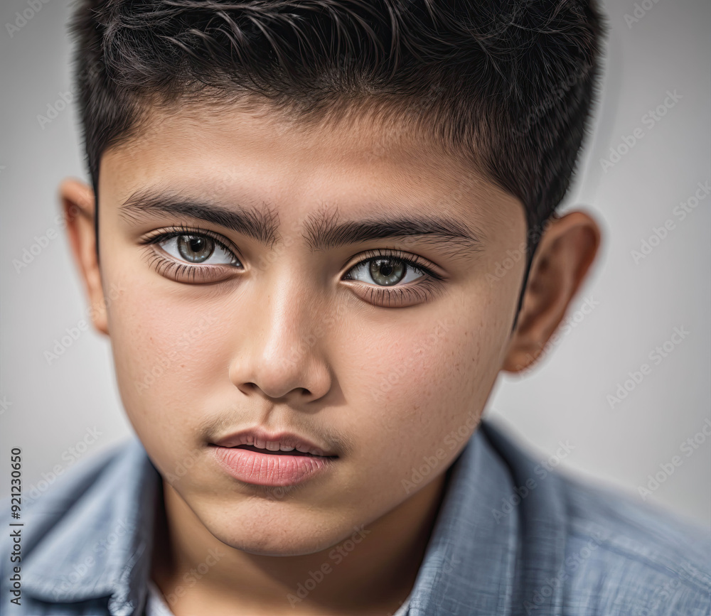 A young boy with brown hair and a blue shirt is looking at the camera A young boy with brown hair and a blue shirt is looking at the camera