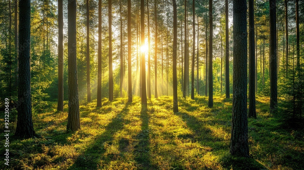 Fototapeta premium A serene pine forest with sunlight streaming through, creating a tranquil, nature-inspired background.