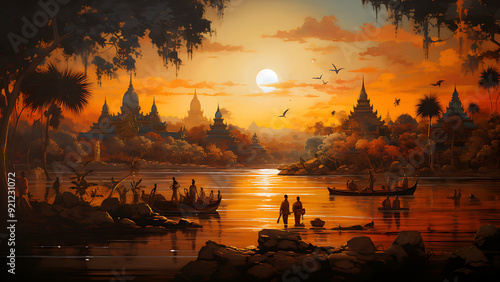 Phnom Penh - sunset, river, boats, silhouettes, temples, sky, clouds, foliage, reflections, birds, twilight, trees, water, horizon, orange, landscape, people