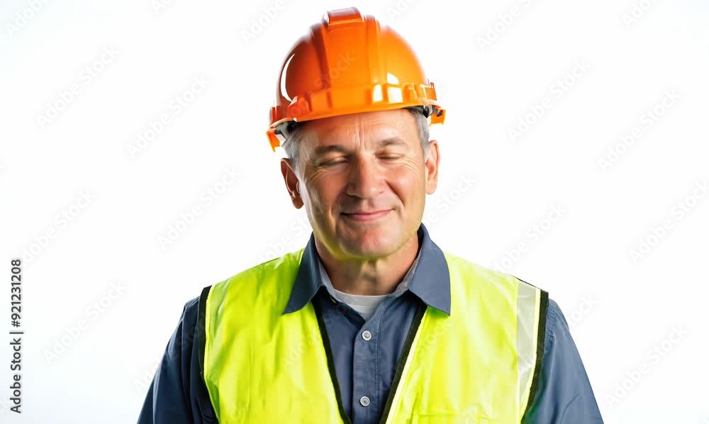 Portrait of a happy mature man in a construction helmet on a white background Portrait of a happy mature man in a construction helmet on a white background