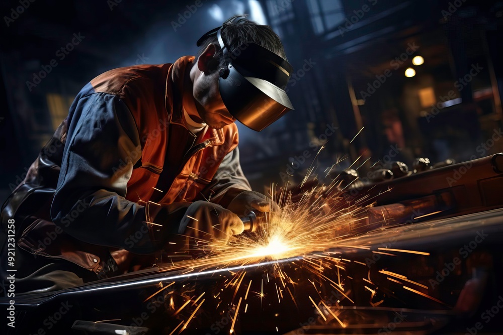 A skilled welder working on metal fabrication in a dimly lit industrial workshop, sparks flying, showcasing craftsmanship and precision. A skilled welder working on metal fabrication in a dimly lit industrial workshop, sparks flying, showcasing craftsmanship and precision.