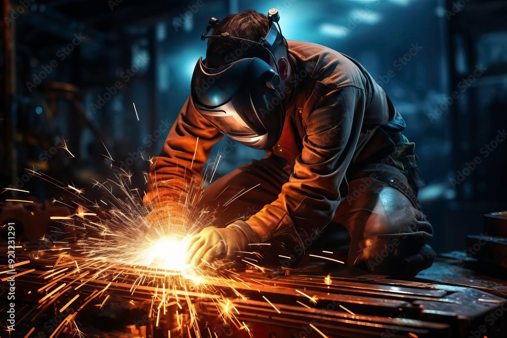A skilled welder works diligently in a dimly lit workshop, creating sparks and showcasing craftsmanship in metal fabrication. A skilled welder works diligently in a dimly lit workshop, creating sparks and showcasing craftsmanship in metal fabrication.
