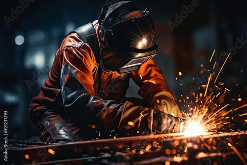 A skilled welder works meticulously in a dark workshop, creating sparks as metal comes together in a dazzling display of craftsmanship.