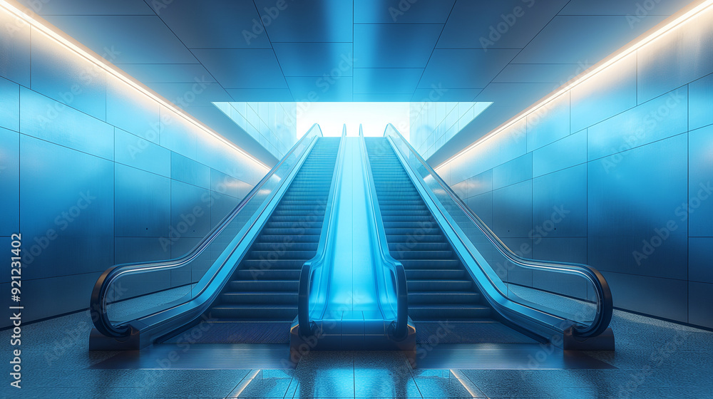 Fototapeta premium A blue escalator with a staircase in front of it