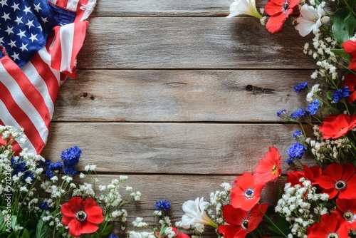 American Flag and Flowers on Weathered Wood photo