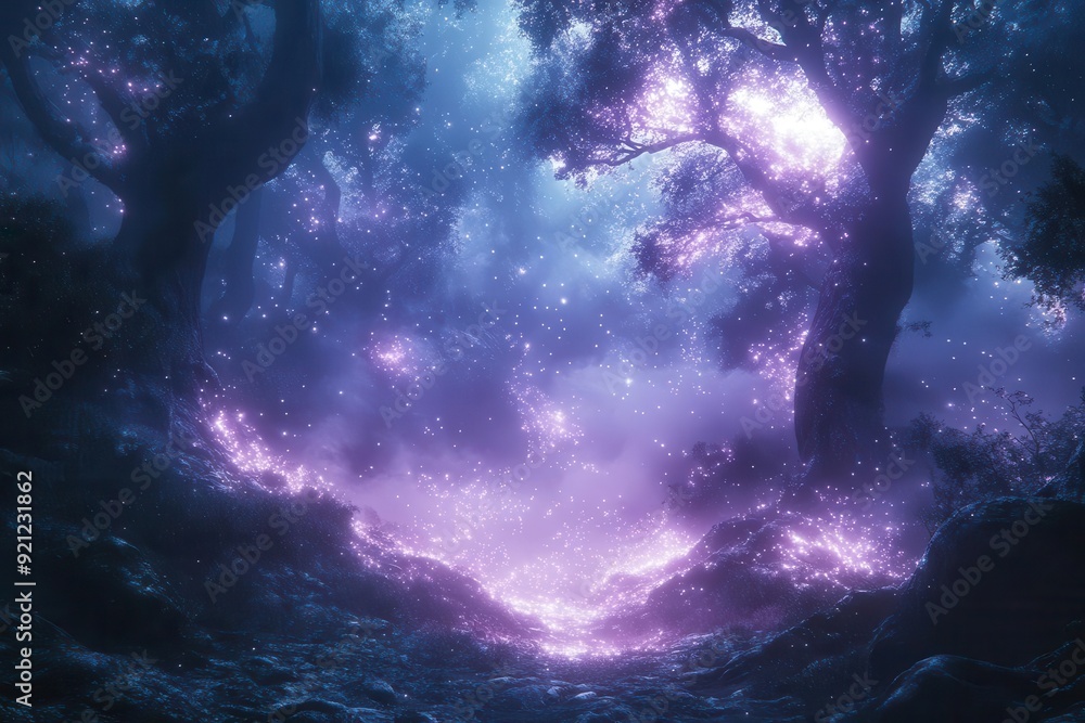 ethereal forest scene with bioluminescent mist swirling around ancient ...