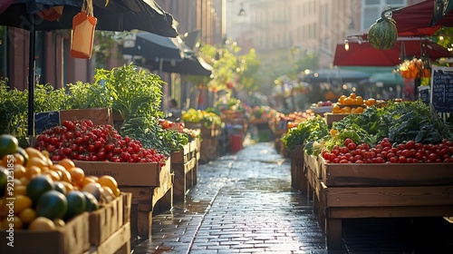 A vibrant street market filled with fresh fruits and vegetables, bathed in warm morning light, inviting shoppers to explore. photo