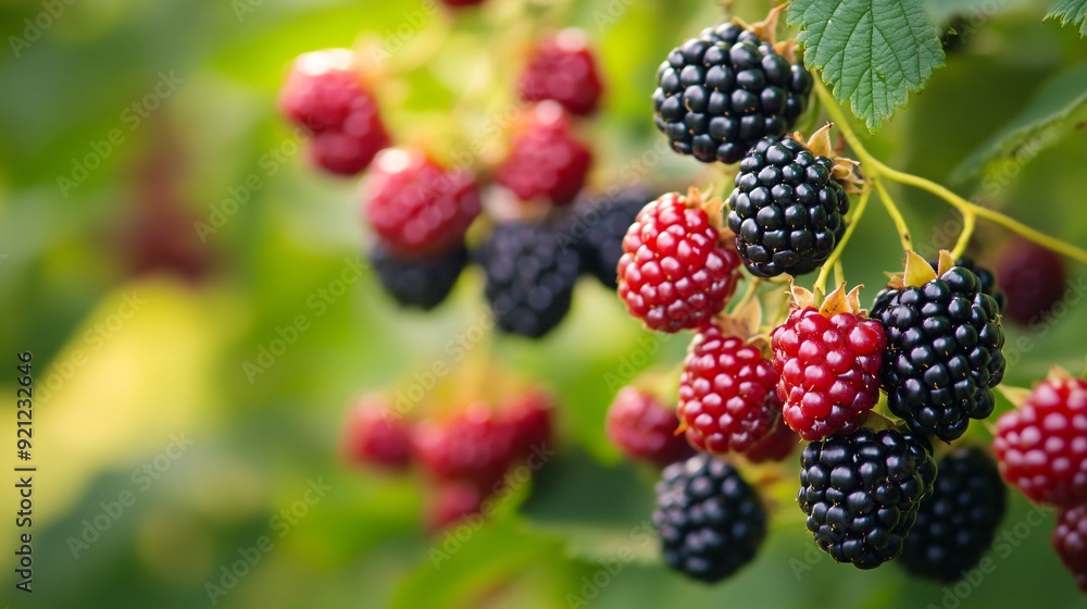 A close up of a blackberry bush heavy with ripe, juicy berries, ready for picking A close up of a blackberry bush heavy with ripe, juicy berries, ready for picking