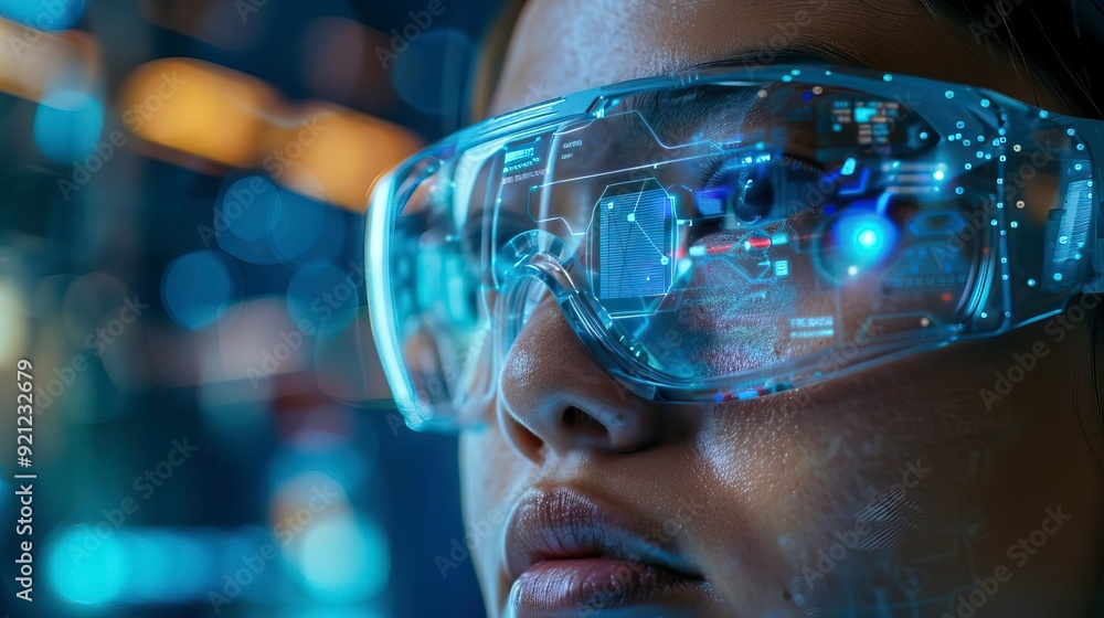Close-up of a futuristic woman wearing augmented reality glasses, showcasing advanced technology and digital overlays. Close-up of a futuristic woman wearing augmented reality glasses, showcasing advanced technology and digital overlays.