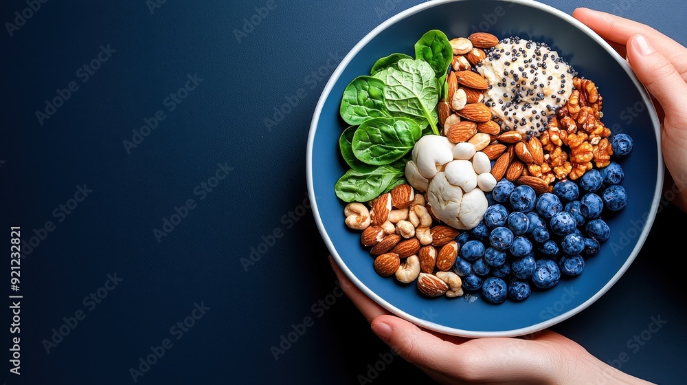 A vibrant bowl filled with healthy ingredients, showcasing almonds, spinach, blueberries, and seeds for a nutritious meal. A vibrant bowl filled with healthy ingredients, showcasing almonds, spinach, blueberries, and seeds for a nutritious meal.