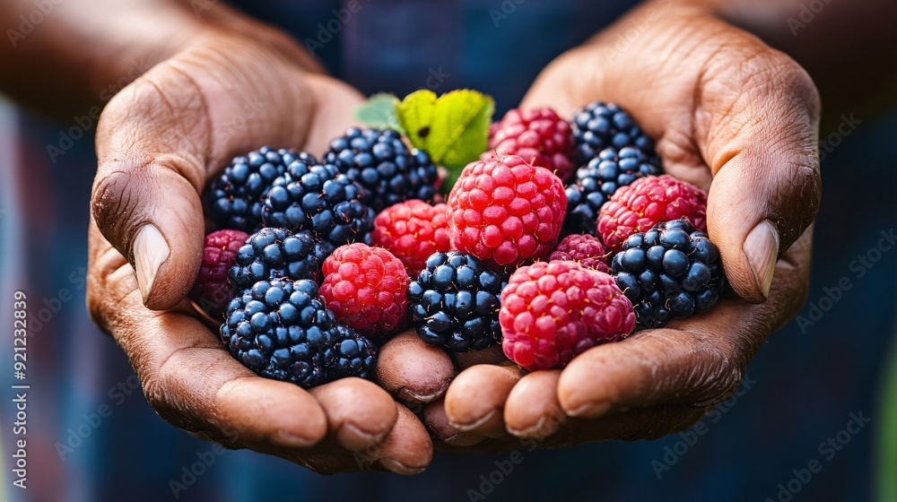 A close up of hands gently handling a variety of berries, showcasing their vibrant colors and textures A close up of hands gently handling a variety of berries, showcasing their vibrant colors and textures