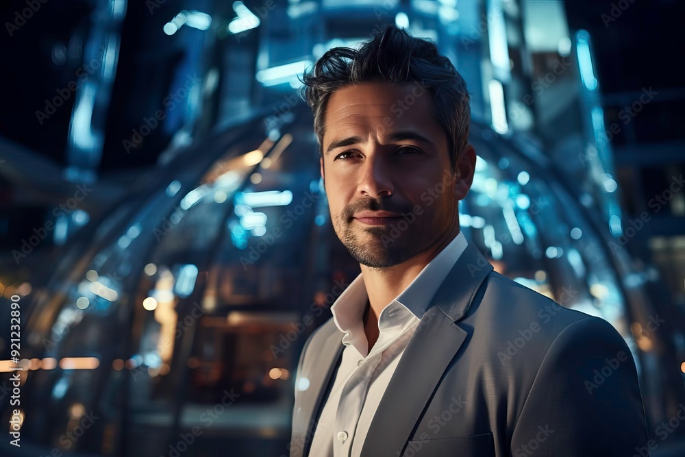 Confident businessman posing against a modern, illuminated urban backdrop, exuding professionalism and style at night. Confident businessman posing against a modern, illuminated urban backdrop, exuding professionalism and style at night.