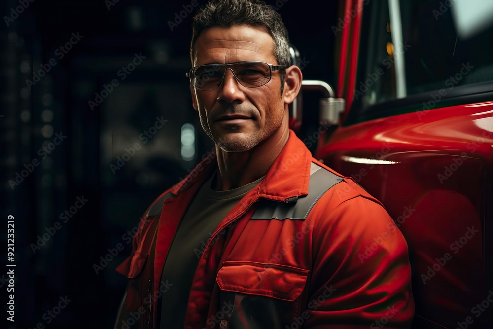 Confident worker in orange uniform stands beside a vehicle, showcasing strength and determination in a workshop environment. Confident worker in orange uniform stands beside a vehicle, showcasing strength and determination in a workshop environment.