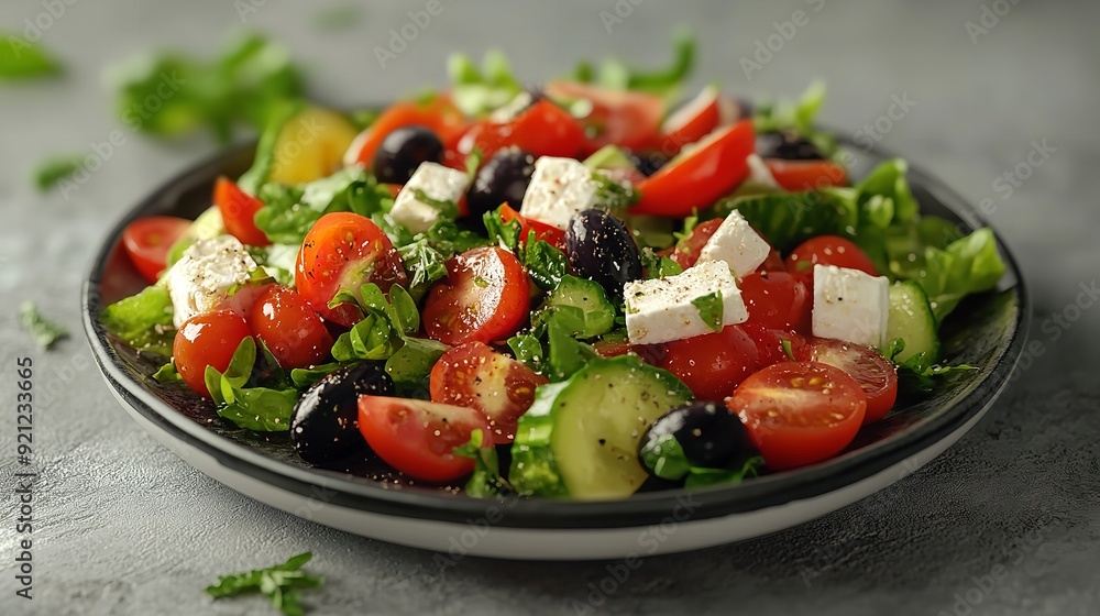 Greek salad in light plate isolated, villages salad, horiatiki salat made with tomatoes, diced feta Greek salad in light plate isolated, villages salad, horiatiki salat made with tomatoes, diced feta