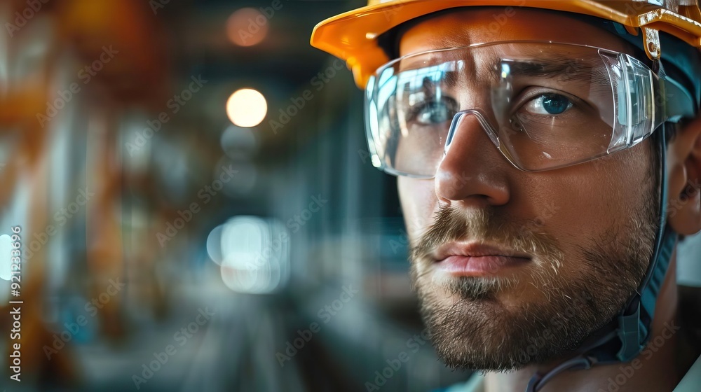 Focused male worker wearing safety gear in an industrial setting, ready for challenges in a modern production environment. Focused male worker wearing safety gear in an industrial setting, ready for challenges in a modern production environment.