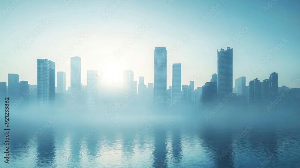 Misty city skyline at sunrise, featuring tall buildings and a scenic reflection in calm water, creating a serene urban atmosphere. Misty city skyline at sunrise, featuring tall buildings and a scenic reflection in calm water, creating a serene urban atmosphere.