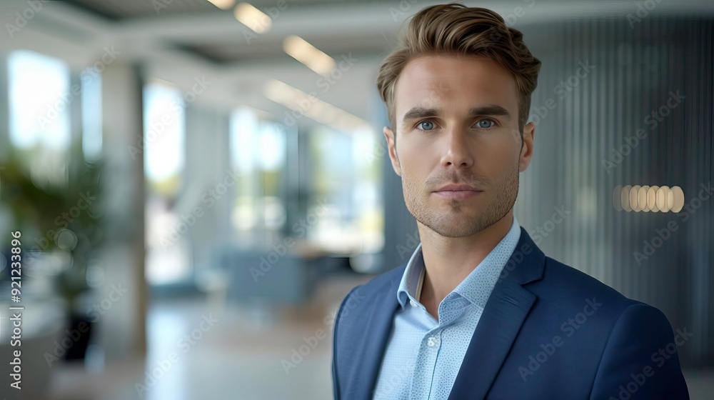 Portrait of a confident young man in a modern office environment, showcasing professionalism and sophistication. Portrait of a confident young man in a modern office environment, showcasing professionalism and sophistication.