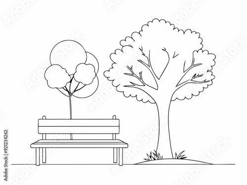continuous single line drawing of bench under tree in public park, line art vector illustration
