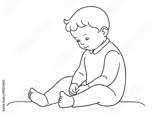 continuous single line drawing of toddler in onesie sitting on floor, line art vector illustration
