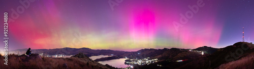 Panoramic photo of aurora australis over New Zealand