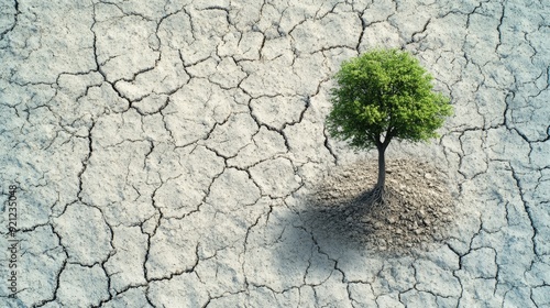 A dry, cracked landscape with a lone tree, leaving plenty of room for copy or design elements.