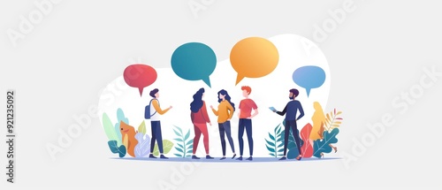 illustration of people talking with speech bubbles on a white background simple shapes and flat colors Generative AI